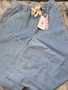 Cider NWT Sky Blue Elastic Waist Drawstring Wide Leg Denim Pants Jeans Size S